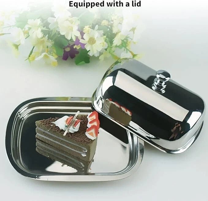 BUTTER DISH STAINLESS STEEL HIGH GRADE TRAY HOLDER RETRO LID SERVING