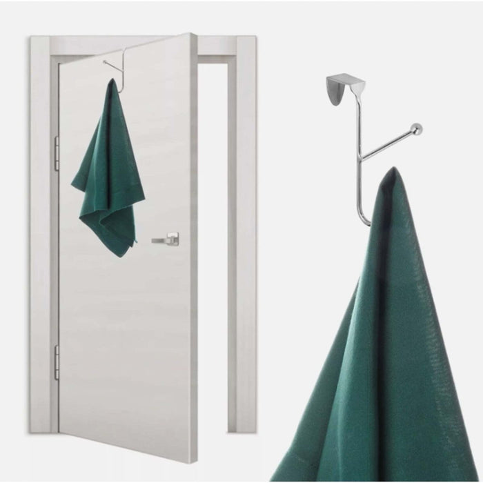 Chrome Over The Door Coat Hanger Double Hook Strong Metal Clothes Towel Peg Rack