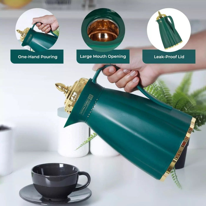 Glass Vacuum Flask Thermos Jug 1L Insulated Airpot Hot Cold Drink Camping Green