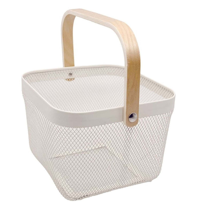 Metal Wire Mesh Fruit Basket Bin Wooden Handle Kitchen Storage Organizer -Almond