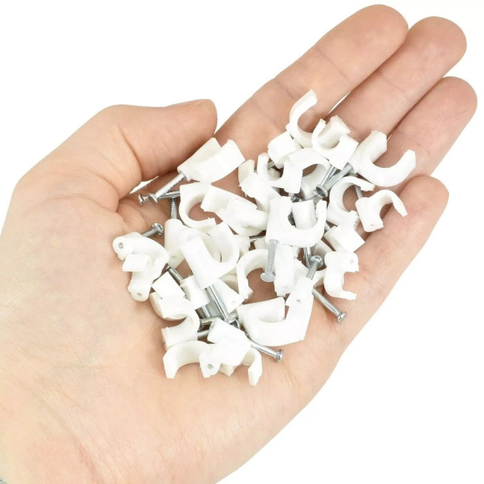100 White Round Cable Clips - 6mm 8mm 10mm - Electric Wire Wall Tacks
