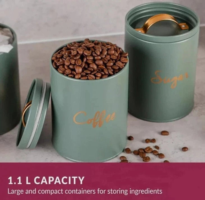 Ivy Tea Coffee Sugar Canisters Kitchen Storage Set Air Tight Lid Jars Tin