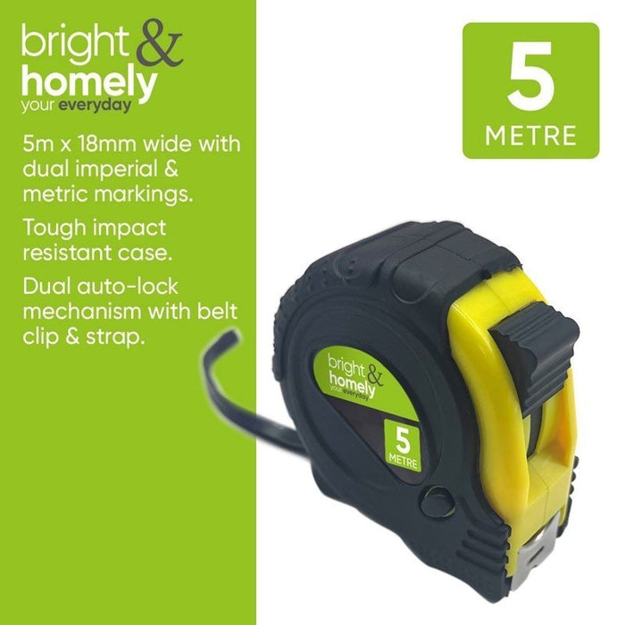 (Set of 5) 5M Measuring Tape Measure With Self Power Grip Lock Black & Yellow