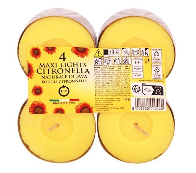 Price's Citronella 4 Maxi Light Candles Indoor/Outdoor Use-Up to 10hrs Burn time