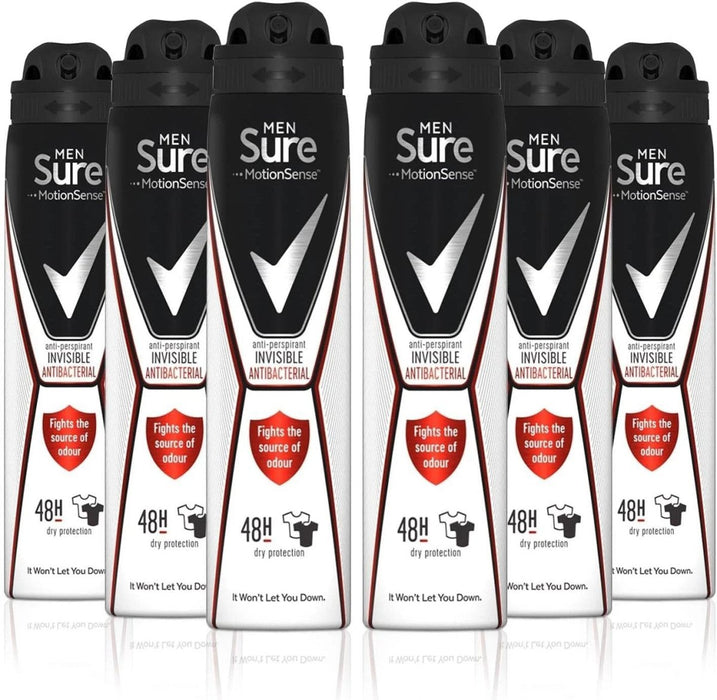 6x 250ml Sure Men INVISIBLE Antibacterial Odour Protection Anti-Perspirant Spray