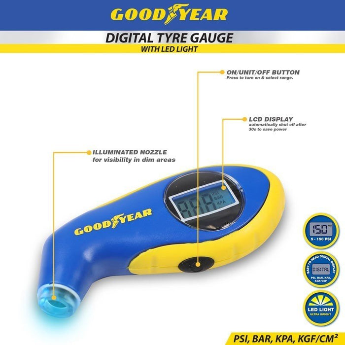 Goodyear Digital LED Tyre Pressure Gauge Tester Measurement Car Motorcycle Bike