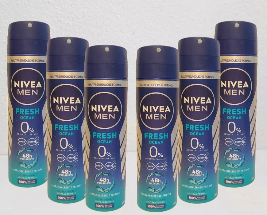6 x 150ml Nivea Men FRESH OCEAN 48h Deodorant body Spray 0% ALUMINIUM - RARE