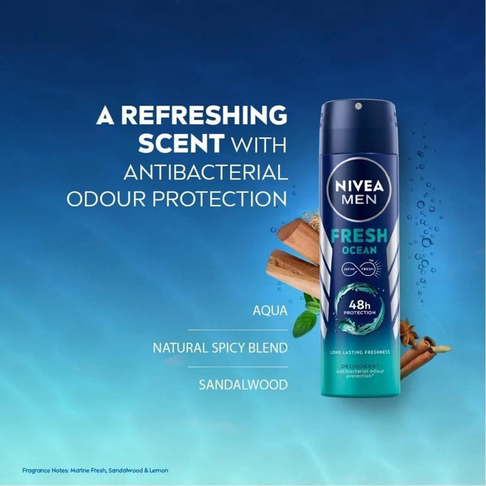 6 x 150ml Nivea Men FRESH OCEAN 48h Deodorant body Spray 0% ALUMINIUM - RARE