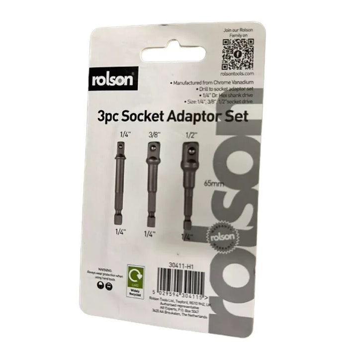Rolson Socket Adaptor Hex Shank DIY Repair Vanadium Drive 3pc