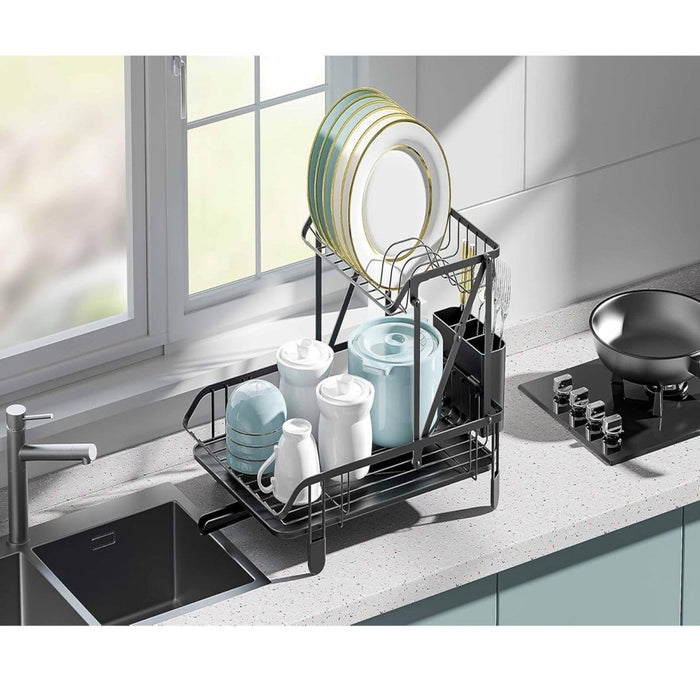 2 Tier Folding Dish Drainer Rack Cutlery Holder Drip Tray Sink Drying Plate Bowl