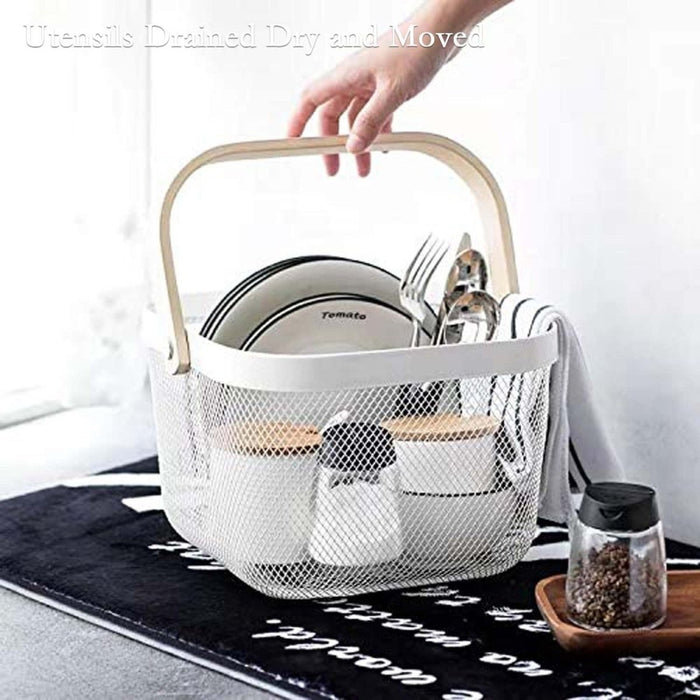 Metal Wire Mesh Fruit Basket Bin Wooden Handle Kitchen Storage Organizer -Almond