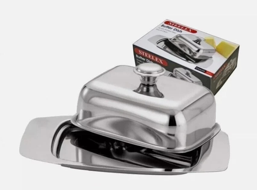 BUTTER DISH STAINLESS STEEL HIGH GRADE TRAY HOLDER RETRO LID SERVING