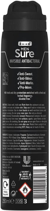 6x 250ml Sure Men INVISIBLE Antibacterial Odour Protection Anti-Perspirant Spray