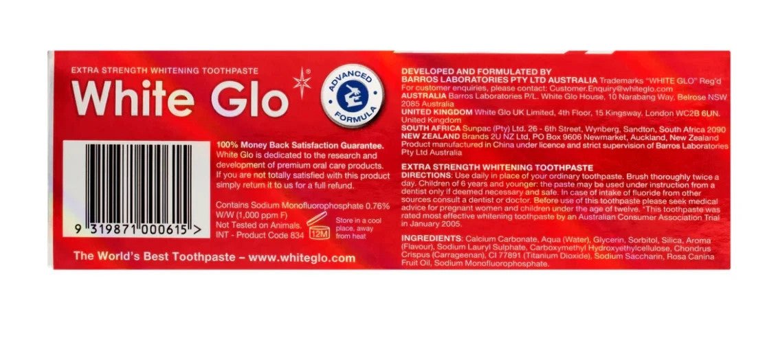 2 X WHITE GLO Extra Strength Whitening Toothpaste Professional Choice.