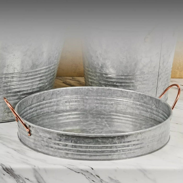 Large Round Galvanised Zinc Metal Rustic Serving Tray Platter w/ Copper Handles