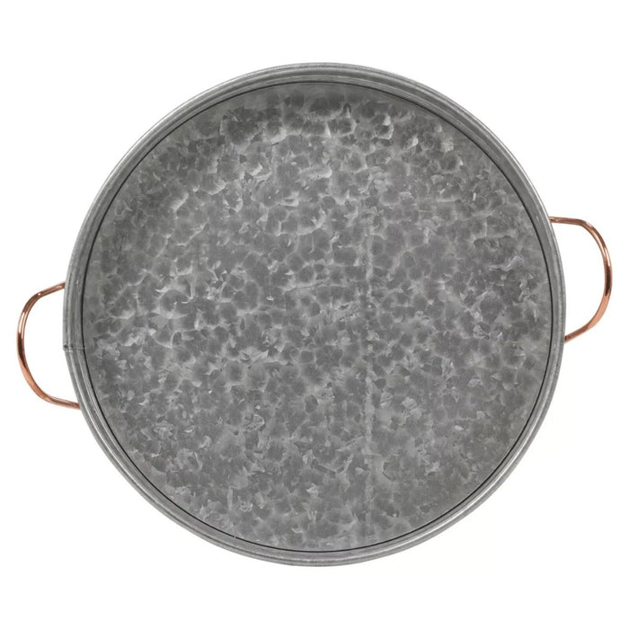 Large Round Galvanised Zinc Metal Rustic Serving Tray Platter w/ Copper Handles