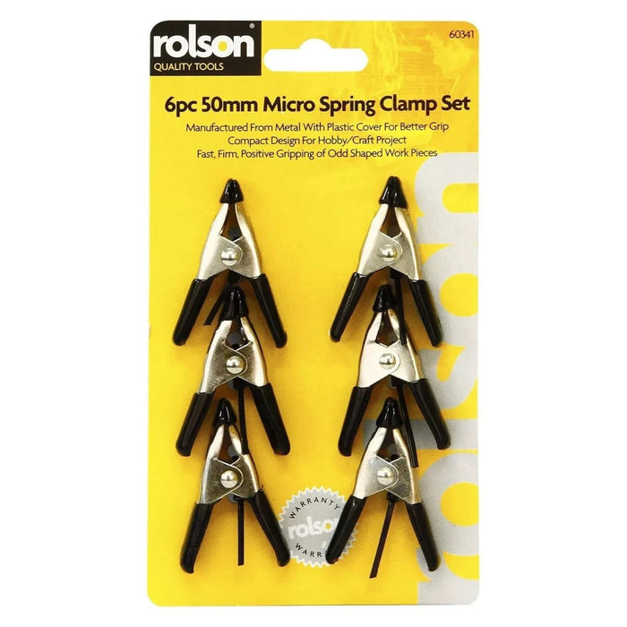 Rolson 6pc Mini Clamps Micro Spring Heavy Duty Metal Plastic Cover 50mm