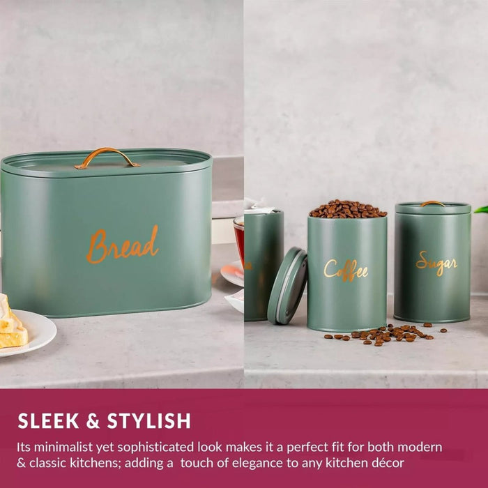 Apollo Kitchen Storage Set - Ivy Green Bread Bin & Tea Coffee Sugar Jars