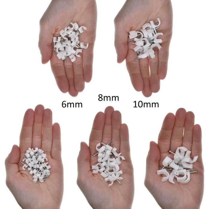 100 White Round Cable Clips - 6mm 8mm 10mm - Electric Wire Wall Tacks