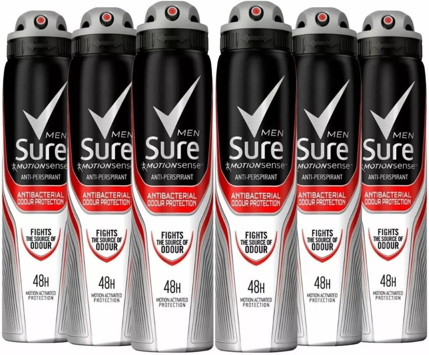 6 x 250ml Sure Men Antibacterial Odour Protection Anti-Perspirant Deodorant