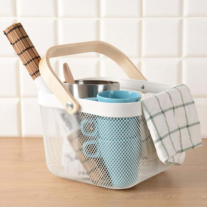 Metal Wire Mesh Fruit Basket Bin Wooden Handle Kitchen Storage Organizer -Almond