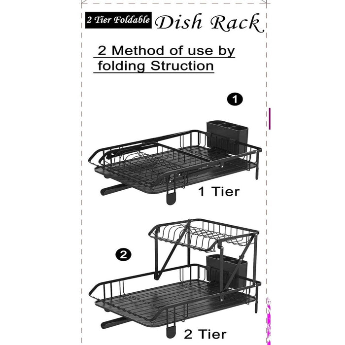 2 Tier Folding Dish Drainer Rack Cutlery Holder Drip Tray Sink Drying Plate Bowl