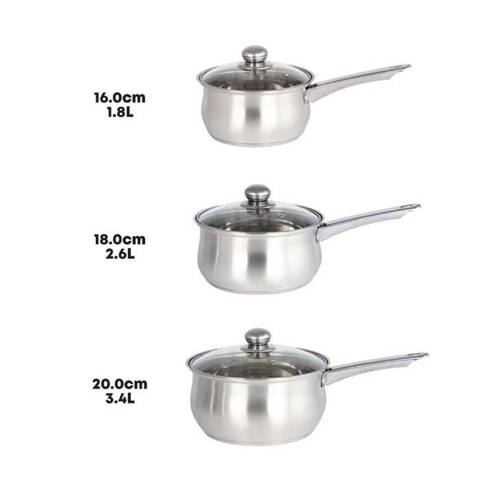 3pcs Induction Non Stick Stainless Steel Saucepan Pot Pan Set Glass Vented Lid