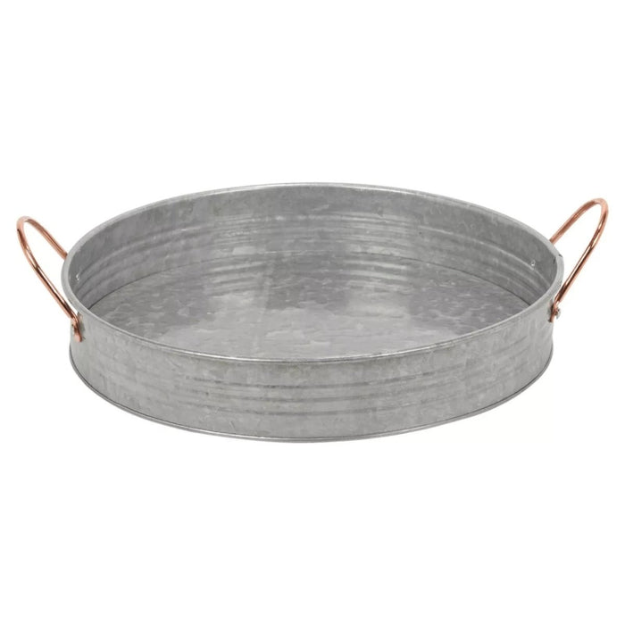 Large Round Galvanised Zinc Metal Rustic Serving Tray Platter w/ Copper Handles