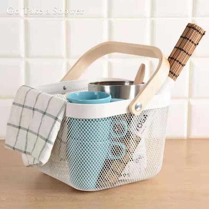 Metal Wire Mesh Fruit Basket Bin Wooden Handle Kitchen Storage Organizer -Almond
