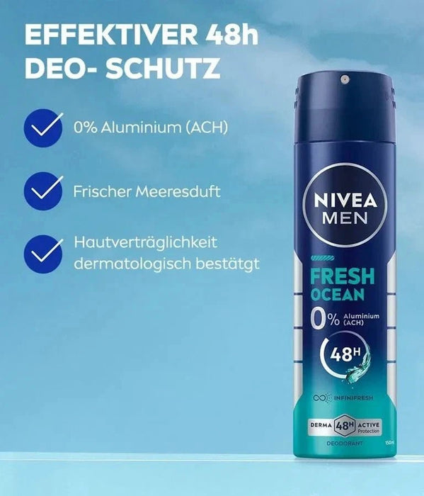 6 x 150ml Nivea Men FRESH OCEAN 48h Deodorant body Spray 0% ALUMINIUM - RARE