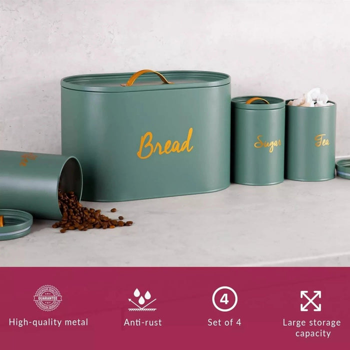 Apollo Kitchen Storage Set - Ivy Green Bread Bin & Tea Coffee Sugar Jars