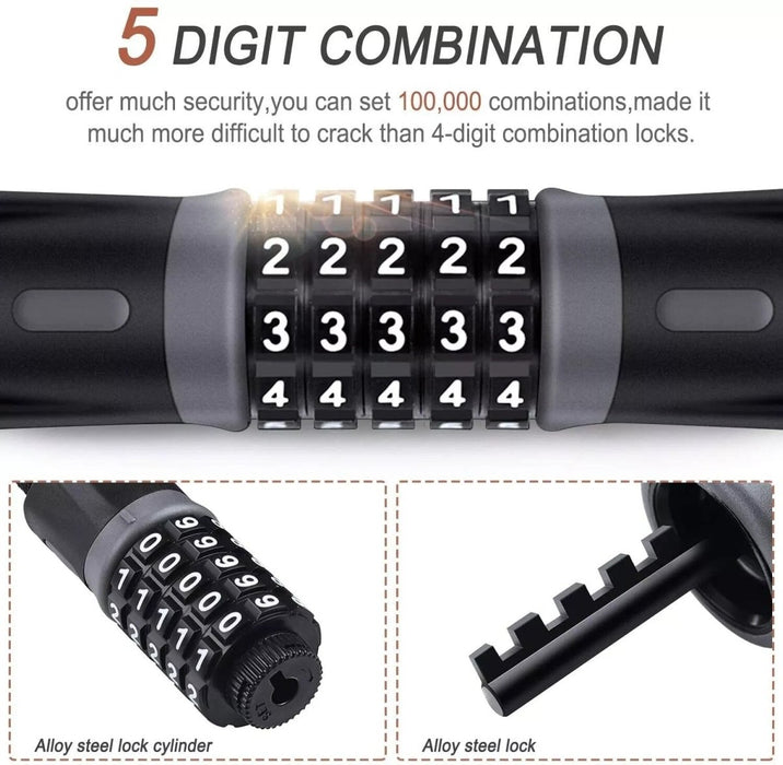 Bike Lock Cable Chain 5 Digit Combination Heavy Duty bicycle Security ANTI THEFT