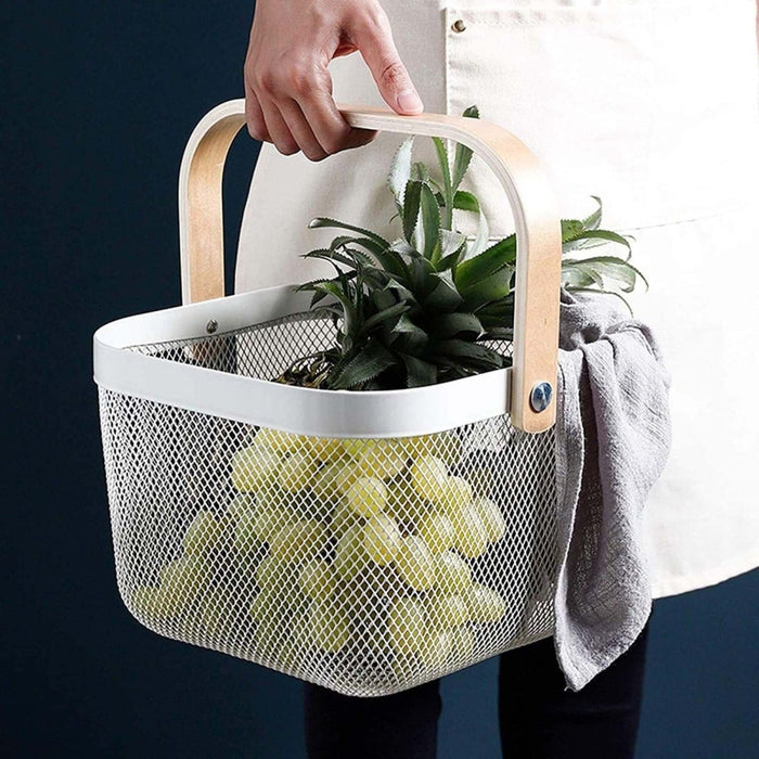 Metal Wire Mesh Fruit Basket Bin Wooden Handle Kitchen Storage Organizer -Almond