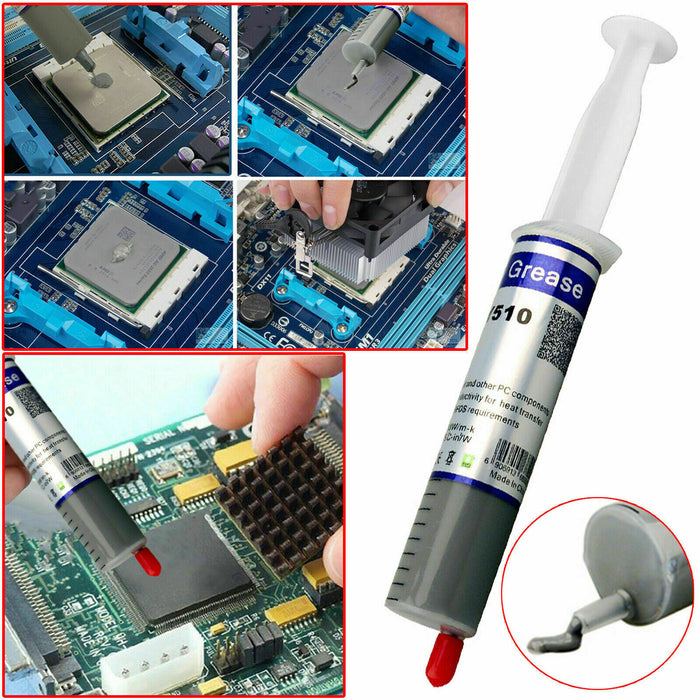 Syringe-style thermal paste for CPU processor cooling.