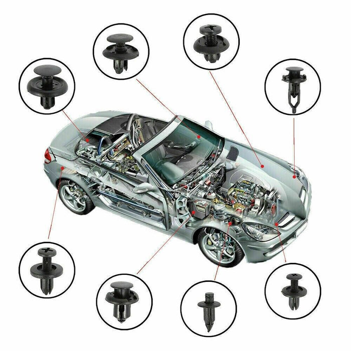  Image showcasing the various types of fastener clips included in the set