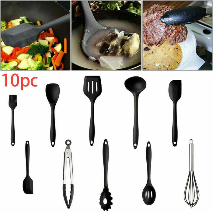 MAXPERKX 10pcs Kitchen Utensil Set - Silicone Scraper Brush Tong Whisk Soup Spoon Turner Image 11