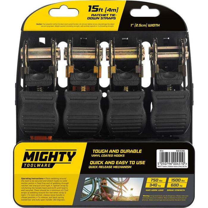 4pcs Ratchet Tie Down Strap Set - Cargo Trailer Lashing Rope 25mm x 4.5m/15ft Image 6