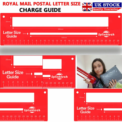 Red Royal Mail letter size guide with corner hole for easy hanging