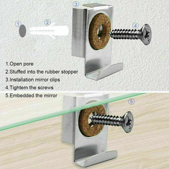 UNFRAMED MIRROR HANGING Kit With 4pc Frameless Mirror Clips For Wall